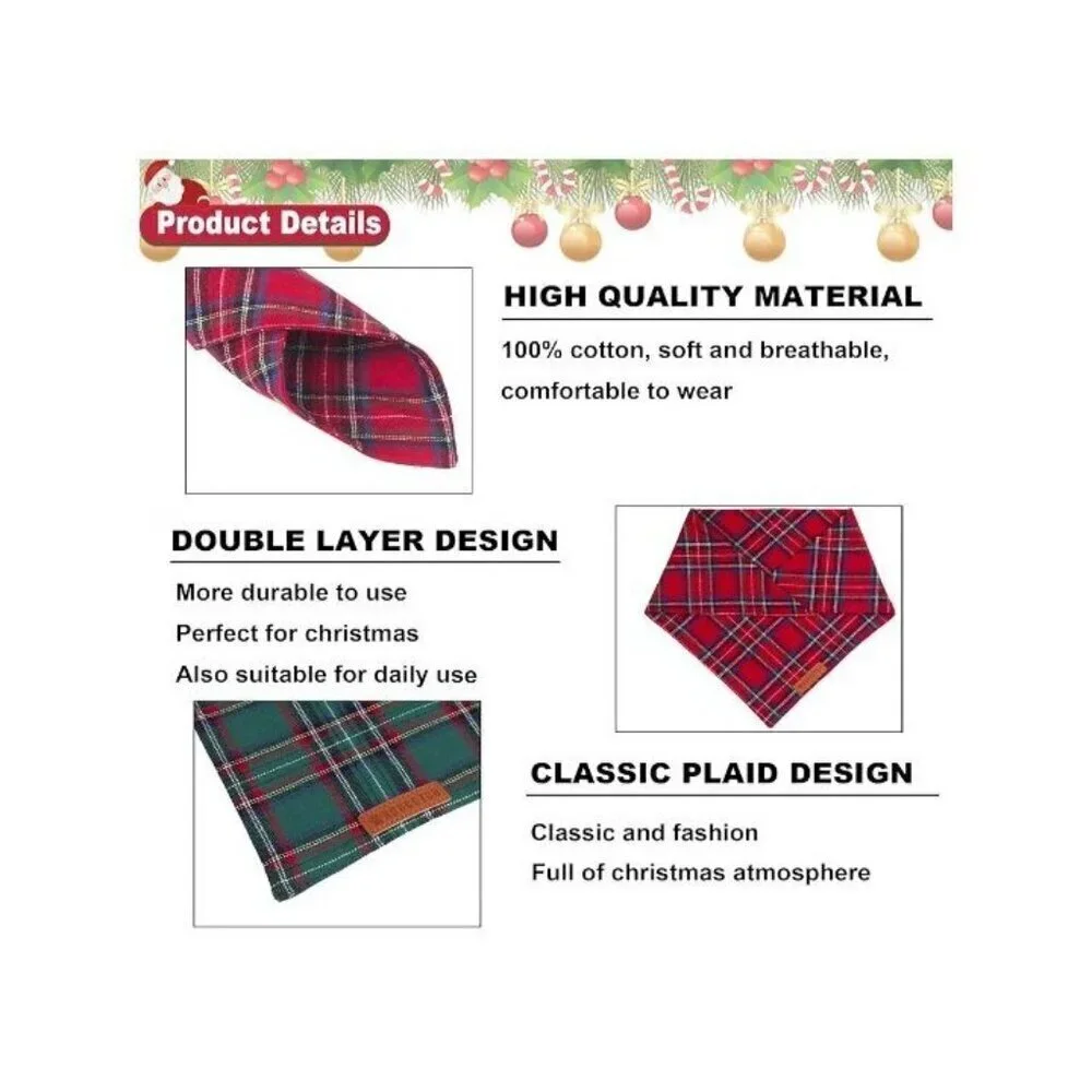Christmas Dog Bandana 2 Pack, Stylish Plaid Pet Scarf, Premium Cotton, Small